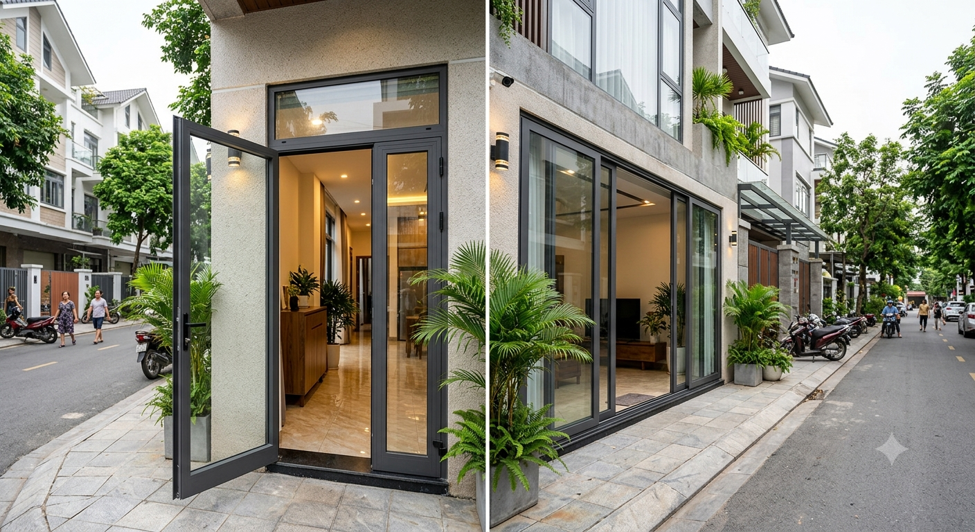 Mẫu cửa đi mở quay và mở lùa cho mặt tiền nhà phố